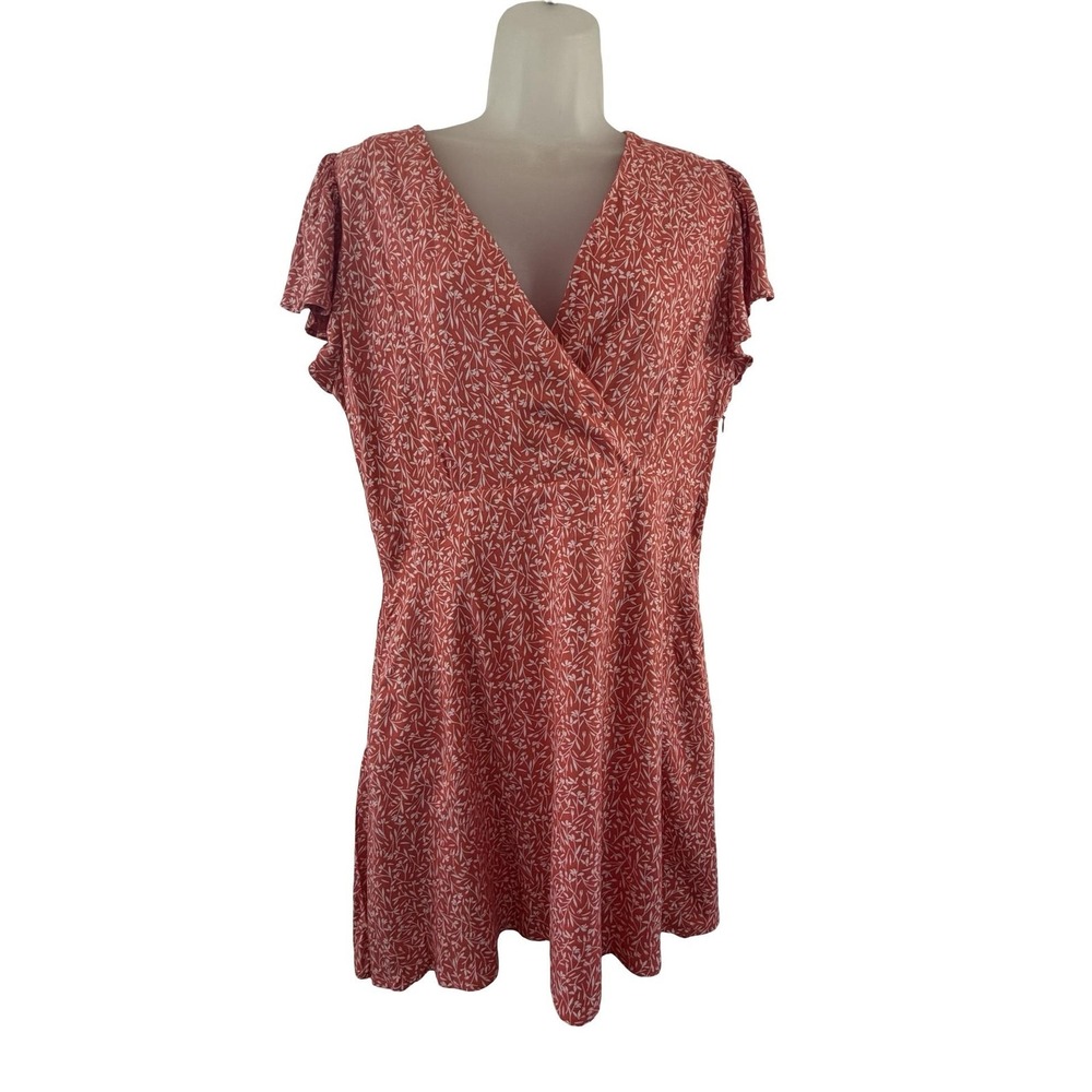 Brakeburn Dress Womens 12 Pink Floral Wrap Fit Flare Short Flutter Sleeve Summer
